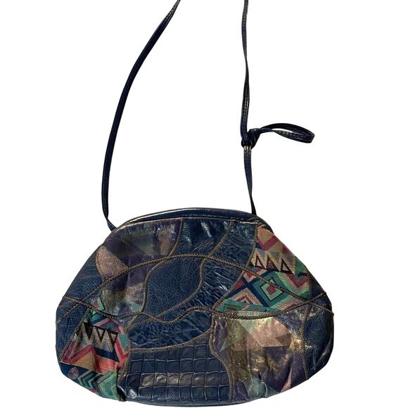 Vintage Patchwork Blue‎ Saks Fifth Handbag 80s USA Shoulder bag Leather - Picture 2 of 7